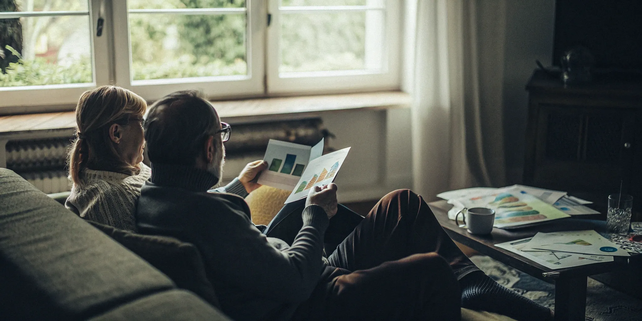 Couple at home reviewing their options for home care pricing.