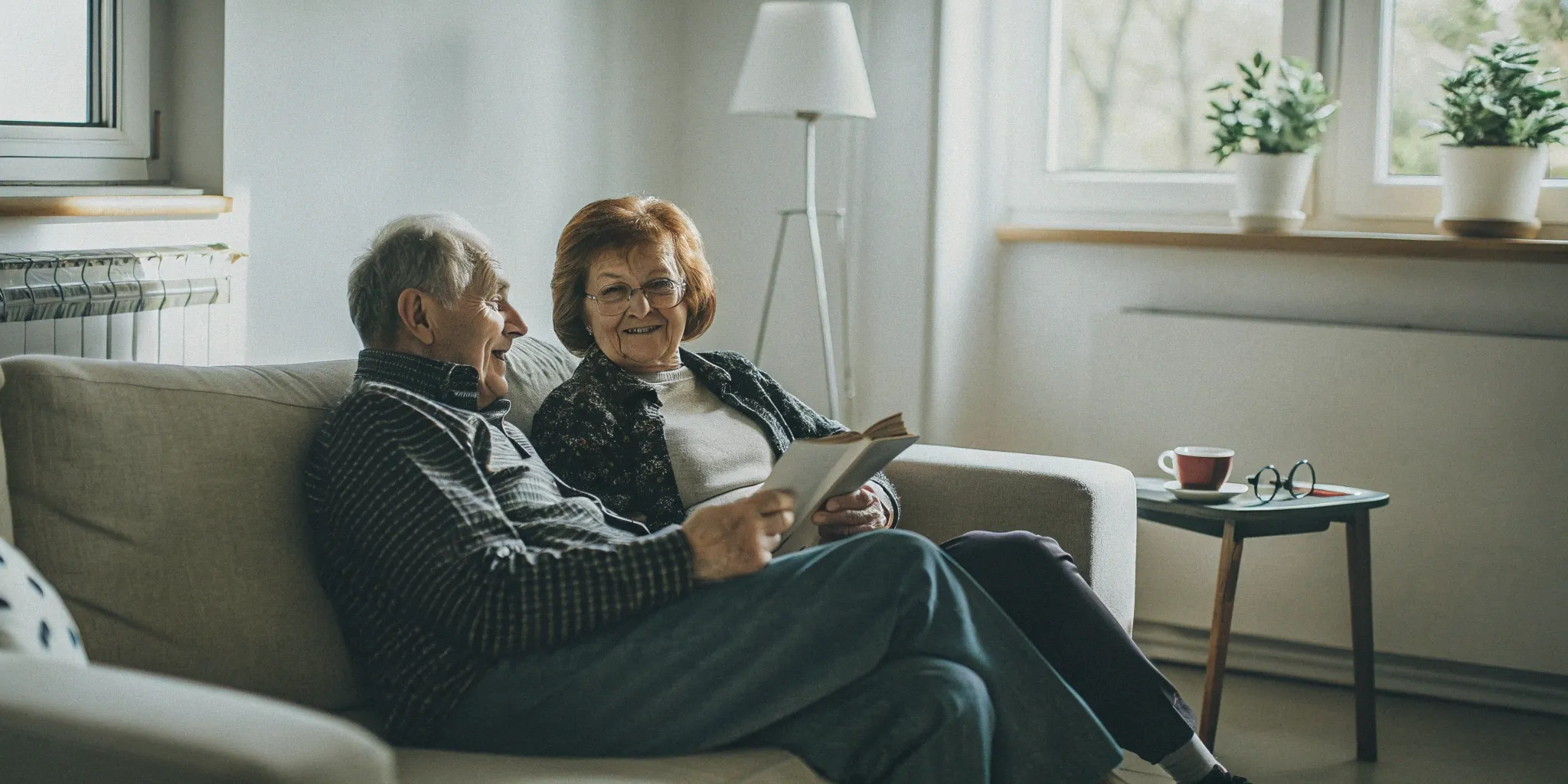Happy senior couple reading together at home, covered by Medicare for home health.