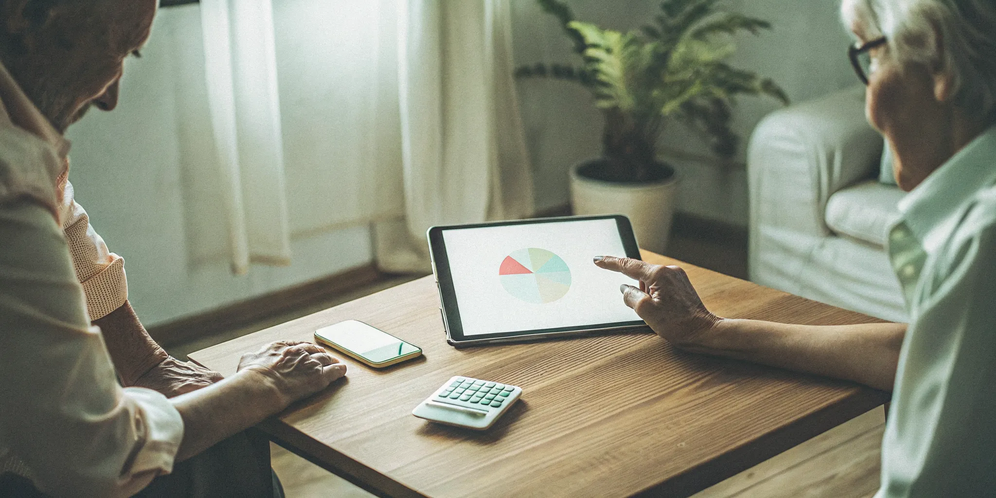 Seniors reviewing home care payment options on a tablet with a calculator.
